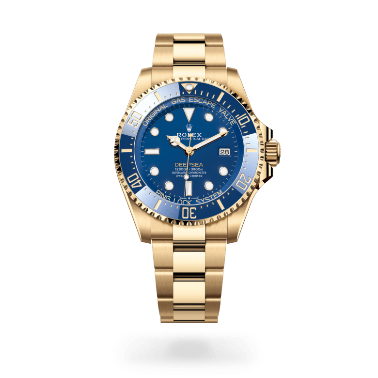 Rolex Rolex Deepsea Oyster, 44 mm, yellow gold, Unidirectional rotatable 60-minute graduated, scratch-resistant Cerachrom insert in blue ceramic, numerals and graduations coated in gold m136668lb-0001 at Malalan.webp